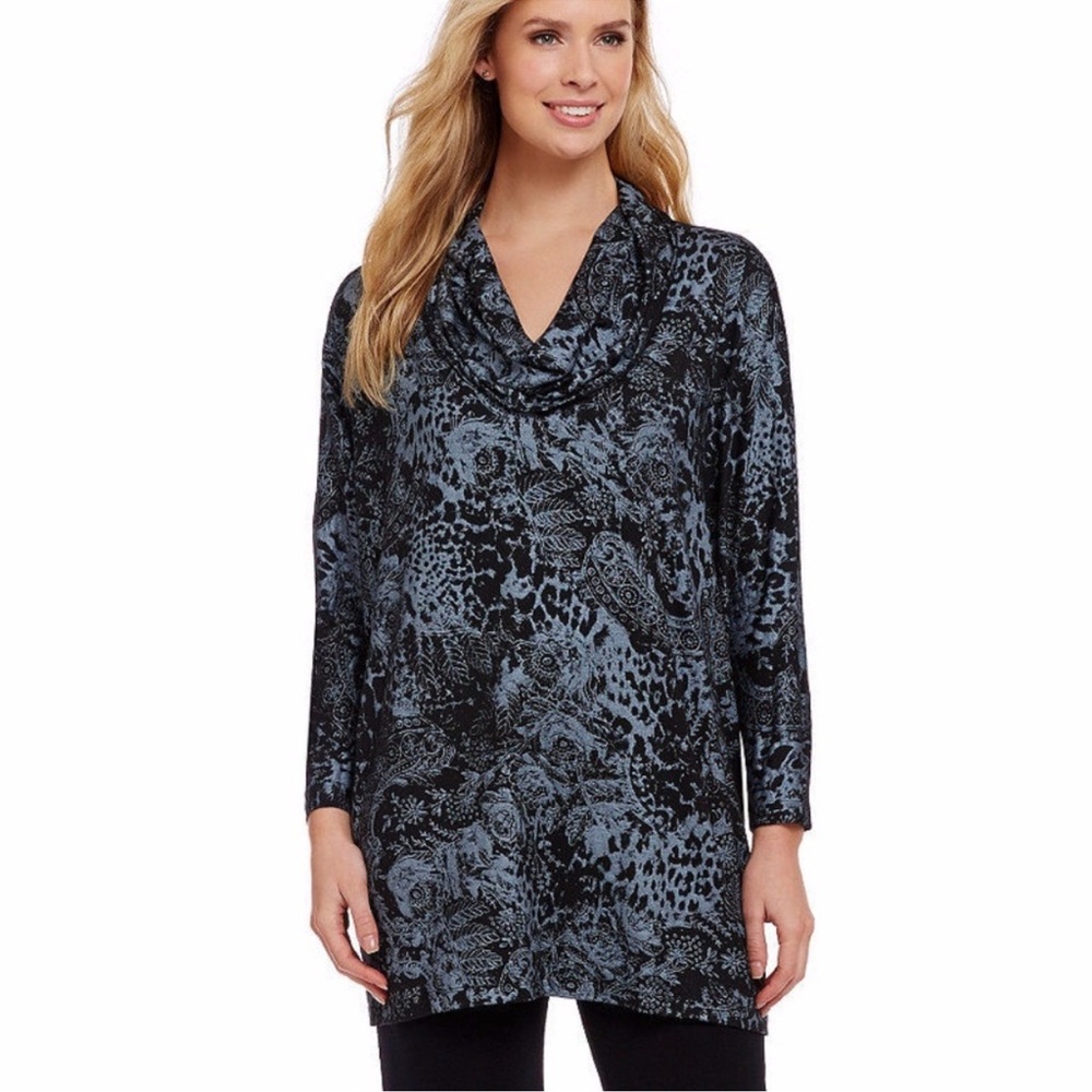 BRYN WALKER Clara Cowl Drape Lagenlook‎ Tunic Top | Black Metallic Print | XL